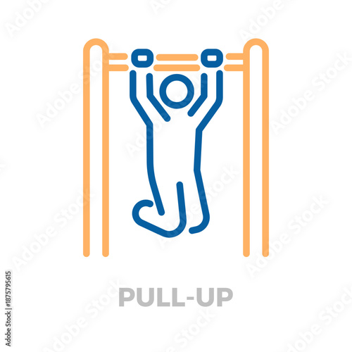 Outline icon representing a person exercising on a pull-up bar, illustrating fitness, strength training, and bodyweight workout concepts. Vector thin line icon illustration with editable stroke