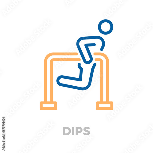 Athletic person outline icon performing dips workout, demonstrating strength and fitness on parallel bars. Vector thin line icon illustration with editable stroke