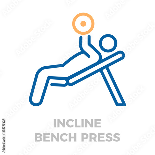 Line icon displaying a person lifting dumbbells on an incline bench, representing fitness, strength training, and exercise. Vector thin line icon illustration with editable stroke