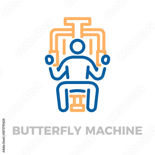 Outline icon representing a person exercising on a butterfly machine at the gym, focusing on chest and pectoral muscles. Vector thin line icon illustration with editable stroke
