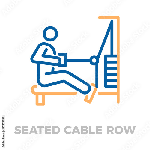 Person performing a seated cable row exercise on a gym machine, strengthening back muscles during a workout. Vector thin line icon illustration with editable stroke