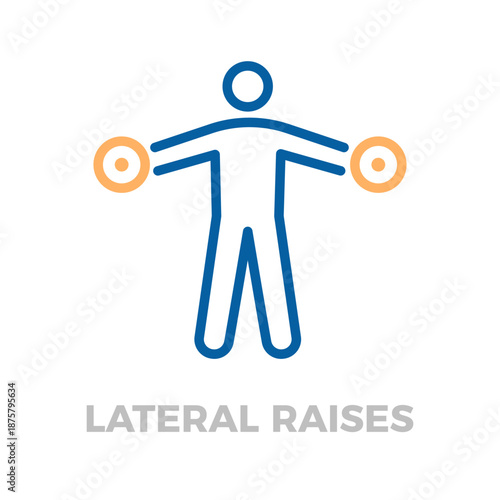Line icon illustrating a person doing lateral raises with weights, representing shoulder workout, fitness training, and bodybuilding. Vector thin line icon illustration with editable stroke