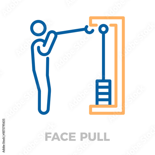 Icon depicting a person performing a face pull on a cable machine, representing fitness training and muscle strengthening workout. Vector thin line icon illustration with editable stroke