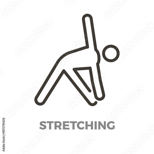 Person performing forward bend with lateral reach. Minimalist outline icon symbolizing stretching. Flexibility. Fitness. Vector thin line icon illustration with editable stroke