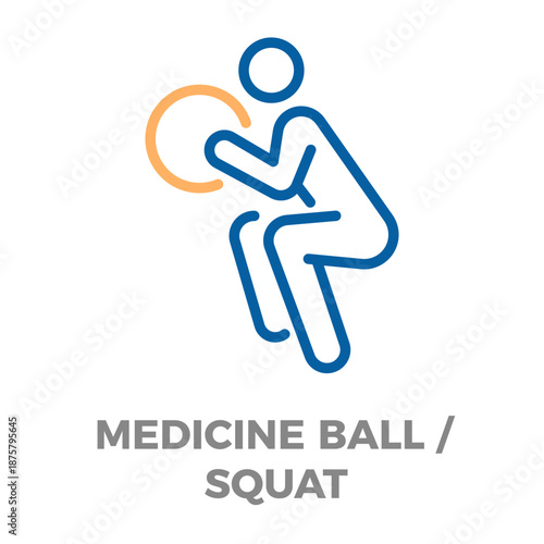 Person squatting and holding a medicine ball, illustrating a fitness workout or training activity. Vector thin line icon illustration with editable stroke