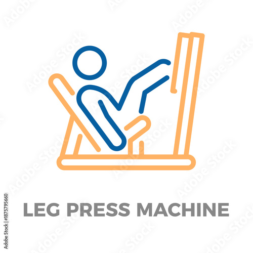 Person icon exercising leg muscles on a leg press machine, representing fitness, workout, strength training, and gym equipment. Vector thin line icon illustration with editable stroke