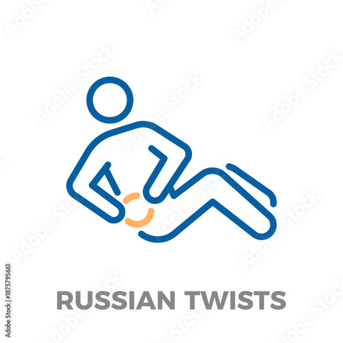 Outline icon representing a person doing russian twists, an exercise for abdominal muscles and core strength. Vector thin line icon illustration with editable stroke