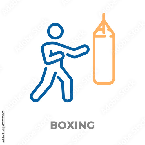 Athlete hitting a punching bag, symbolizing boxing training, fitness, and active lifestyle in a simple line art icon. Vector thin line icon illustration with editable stroke