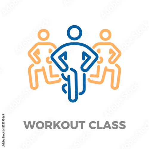 Icon showing an instructor leading a group of people doing a workout class, representing fitness, training, and healthy activity. Vector thin line icon illustration with editable stroke