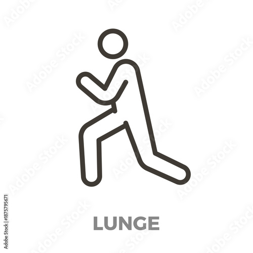 Human stick figure performing a lunge, representing fitness training, workout, and leg exercises for health. Vector thin line icon illustration with editable stroke