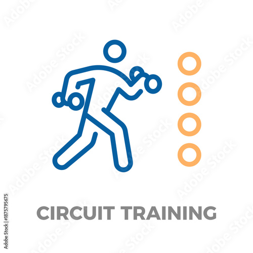 Stick figure man exercising with dumbbells, representing circuit training and fitness progress. Icon for health and active lifestyle. Vector thin line icon illustration with editable stroke