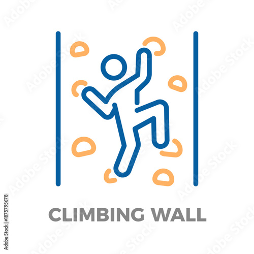Person icon engaged in indoor climbing, using a climbing wall with holds for fitness and bouldering exercise. Vector thin line icon illustration with editable stroke