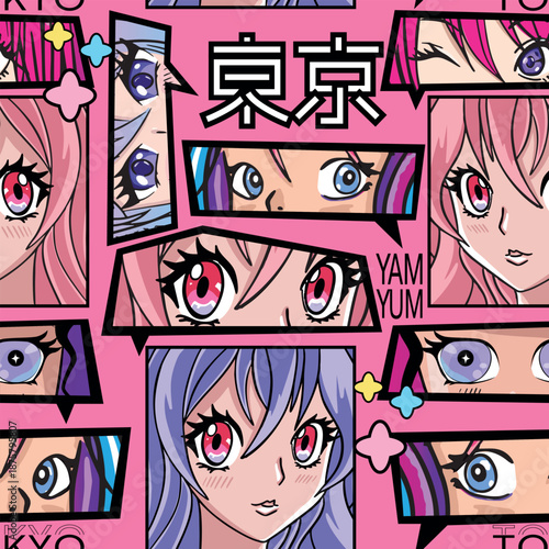 Abstract seamless pattern with anime girl. Kawaii woman repeat print. Girlish trendy style design with. girlish fashion repeat print.