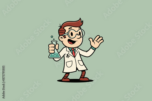 Cartoon Scientist Character Holding Flask Waving Hand.
