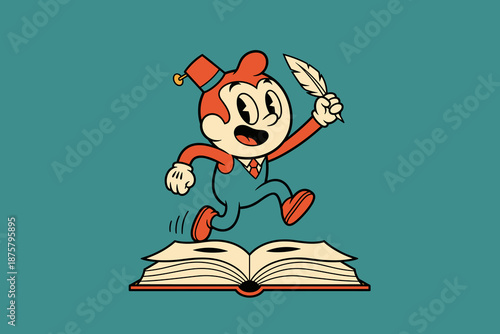 Vintage Cartoon Character Joyfully Jumps on Open Book Holding Qu
