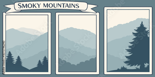 Smoky Mountains Scenic Panels – Misty Blue Ridges and Forest Silhouettes in Stylized Landscape Art