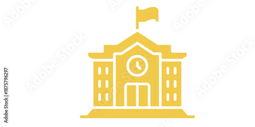 Modern school building icon with flag and clock tower