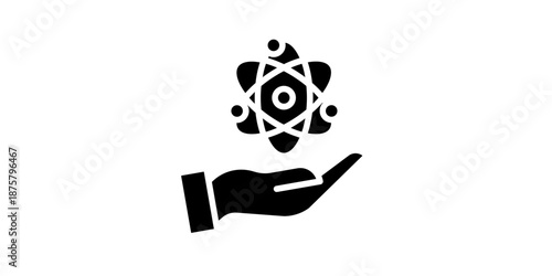 Hand holding atom symbol representing science and technology