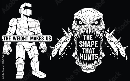 Geometric monster head with sharp teeth and spiky protrusions next to a blocky humanoid figure with text
