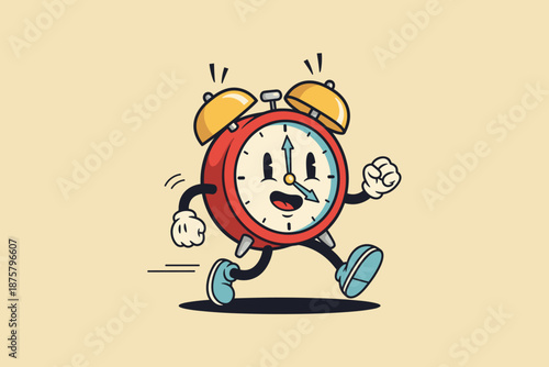 Cartoon Alarm Clock Character Running Fast.