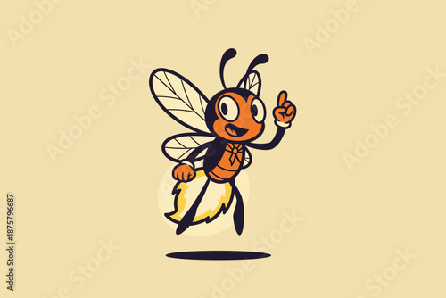 Charming cartoon firefly character with glowing abdomen pointing