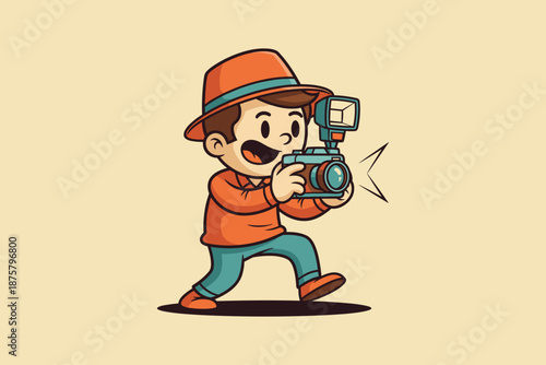 Young photographer with a camera and hat capturing a moment.