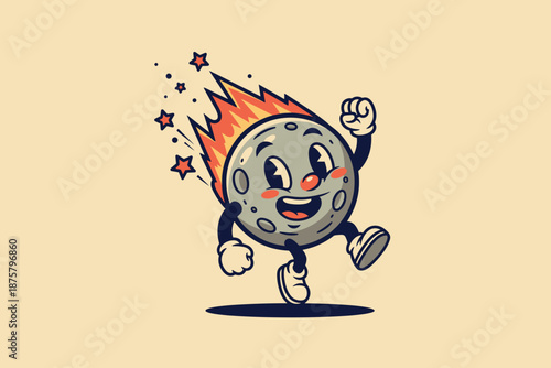 Cartoon Meteor Character with Fire Trail and Stars.
