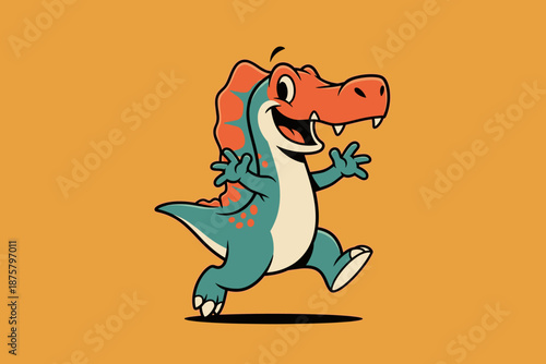 Happy cartoon dinosaur running with a big smile.