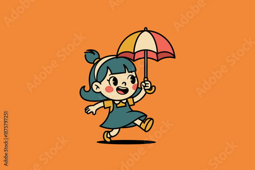 Cute cartoon girl holding umbrella happily walking.