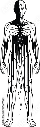Black ink bleeding onto a stylized outline of a human body