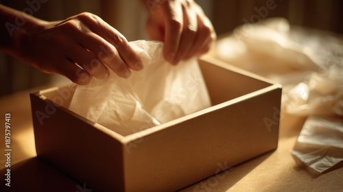 Person placing transparent plastic bag into cardboard box