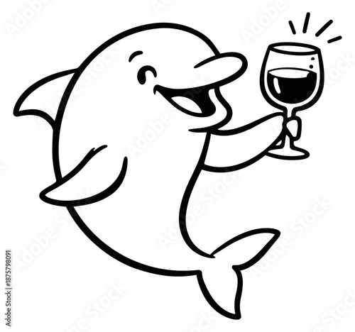 Hand drawn line art illustration of a dolphin depicting a toast with a glass of wine for a celebration