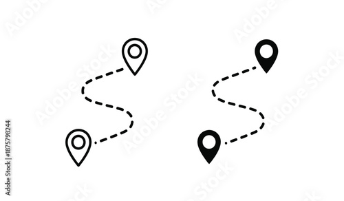 Black and white illustration of map markers and dotted lines