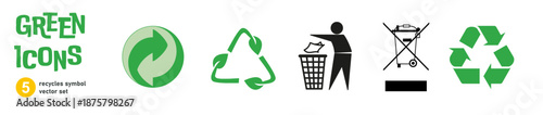 Green recycling icons set, waste management symbols, WEEE, green dot, tidyman, compostable and biodegradable vector signs