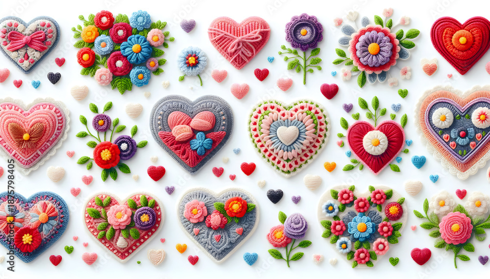 Fototapeta premium Set of seamless hearts and flowers pattern on abstract background, valentine's day decorative elements, graphic design illustration