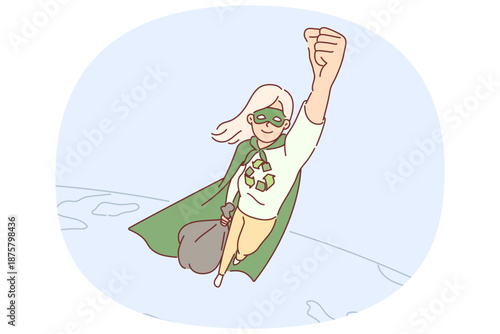 Woman environmental hero saves planet from garbage by flying over globe to avoid nature pollution