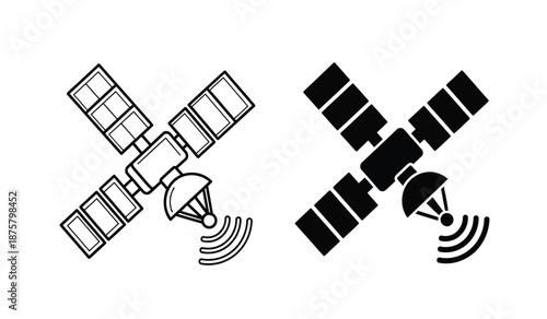 Two black and white satellite icons with signal waves on isolated for technology and communication concepts