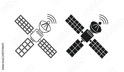 Two satellites in black and white line art style communicating with each other in space with solar panels and signal waves