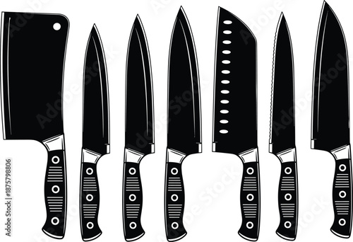 Kitchen knife set vector illustration, cleaver, paring, boning, santoku, and chef knives for culinary, food preparation, cooking, and kitchen design themes