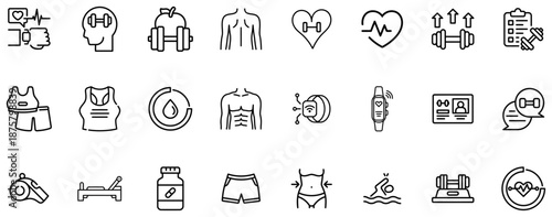 Collection of black outline representing fitness health and wellness activities
