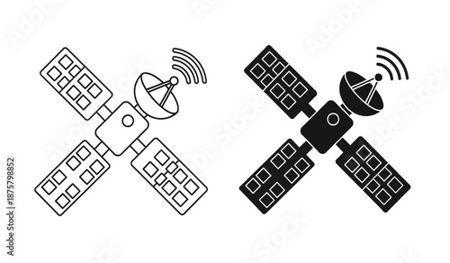 Two black and white satellite icons with signal waves on isolated for technology and communication concepts