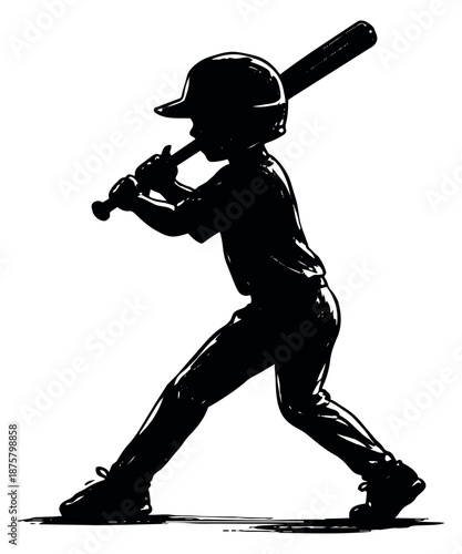 Hand drawn silhouette illustration of a boy baseball player depicting a batting stance for youth sports