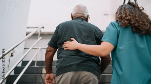 A caregiver helps an elderly man walk up the stairs. A nurse provides support to a senior patient during physical therapy. Elder care and rehabilitation concept