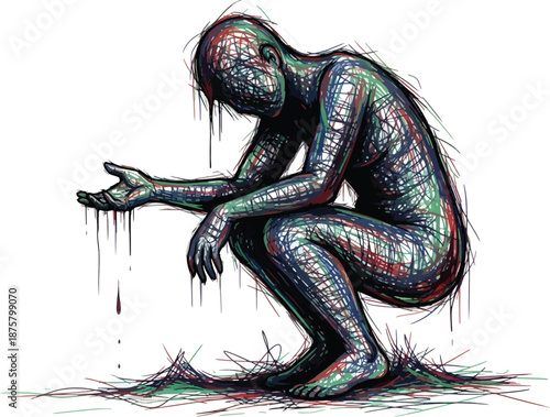 Crouching textured human figure extends an open dripping hand