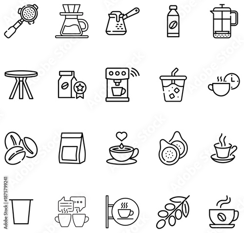 Collection of coffee related including brewing equipment cups and beans