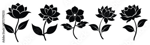 Set of Black Floral and Rose Silhouettes with Leaves Isolated on White