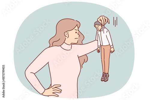 Woman subordinate angrily looks at miniature boss, demonstrating insubordination at work