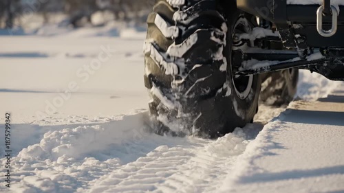 A large off-road vehicle tire spins in slow motion through deep snow. A close-up of a heavy-duty wheel gaining traction on a frozen winter road. Power and extreme driving concept