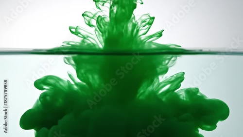 A drop of green ink mixes with water. Abstract colorful paint cloud swirling and dissolving underwater. Fluid art background concept