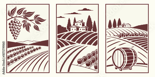 "Stylized Vineyard and Wine Production Triptych in Burgundy Tones Featuring Grapes, Winery, and Barrel"